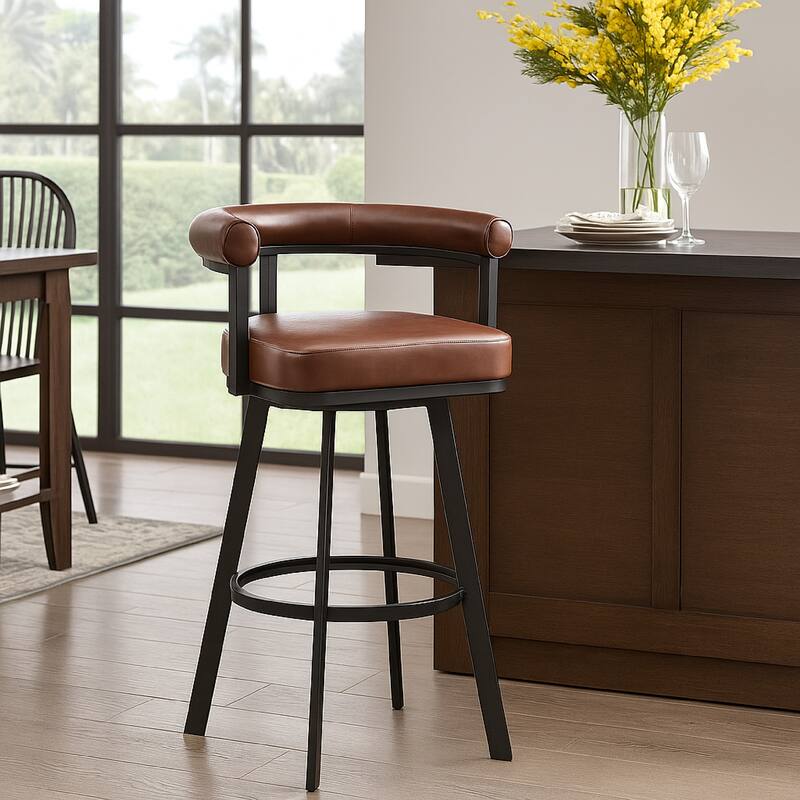 Weni Swivel Barstool Chair, Brown Faux Leather, Black Iron Frame