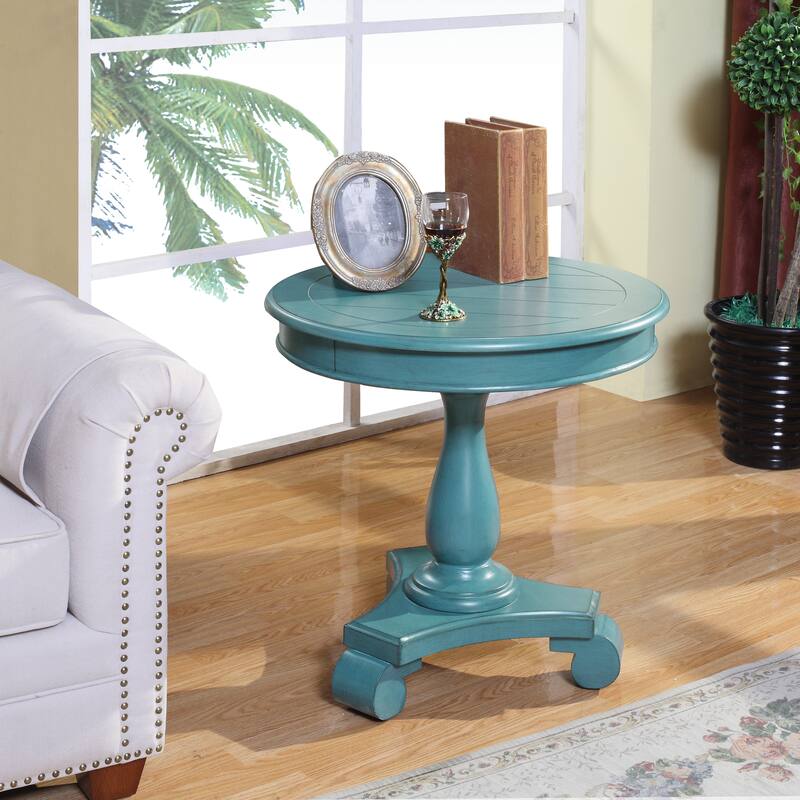 Transitional Round Wood Pedestal Side Table, Perfect for Living Room - Teal