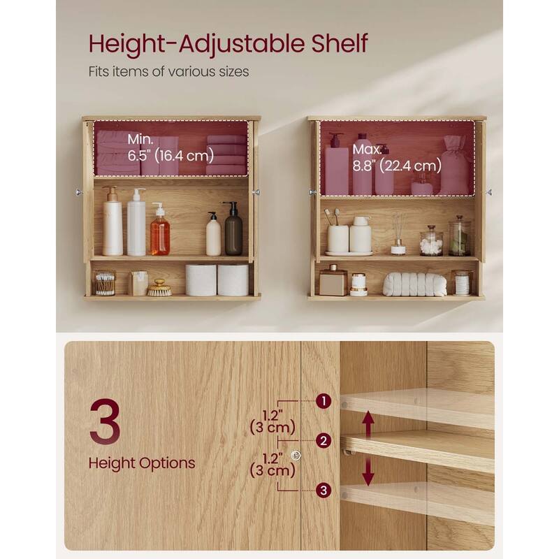 Wall Mounted Bathroom Cabinet with Mirrored Doors and Adjustable Shelf - 5.1"D x 22.2"W x 23"H