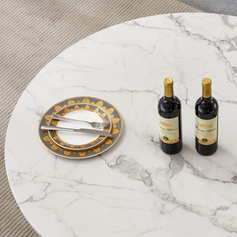 47" Round Dining Table with Faux Marble Tabletop and Stainless Steel Base - Silver+White
