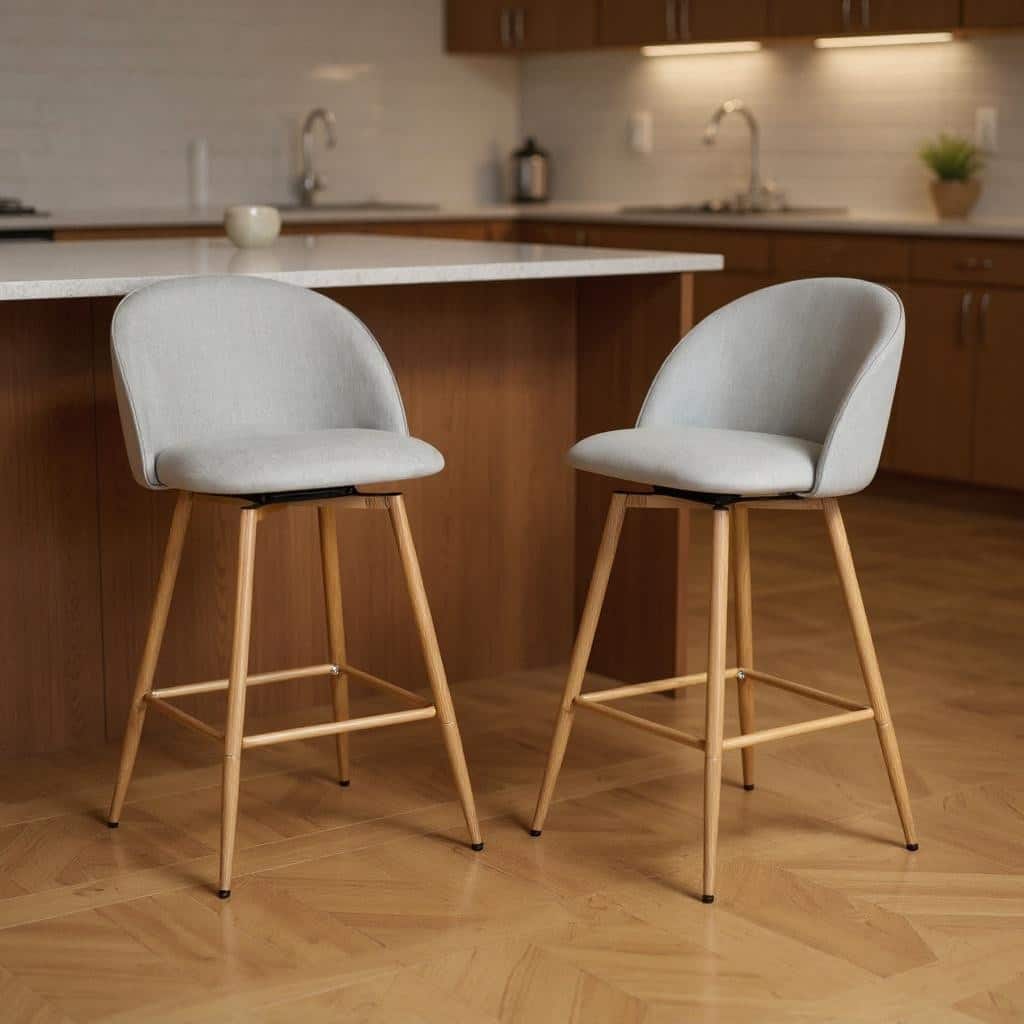 HomeRoots Set of Two 27" Gray and Oak Fabric and Metal Low Back Counter Height Swivel Bar Chairs