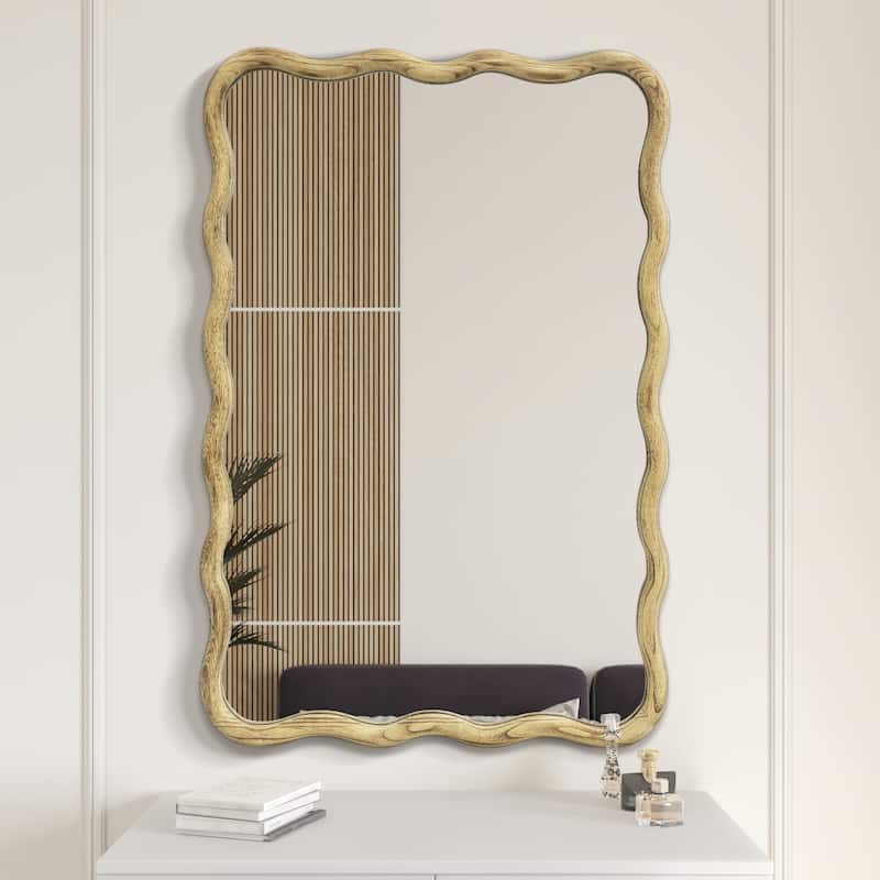 Scalloped Wood Frame Rectangle Wavy Wall Mirror - 24x36 - Natural