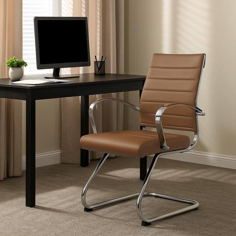 Benmar Series Mid Back Modern Leather Office Executive Desk Chair, Ergonomic Seating with Stainless Steel Sled Base