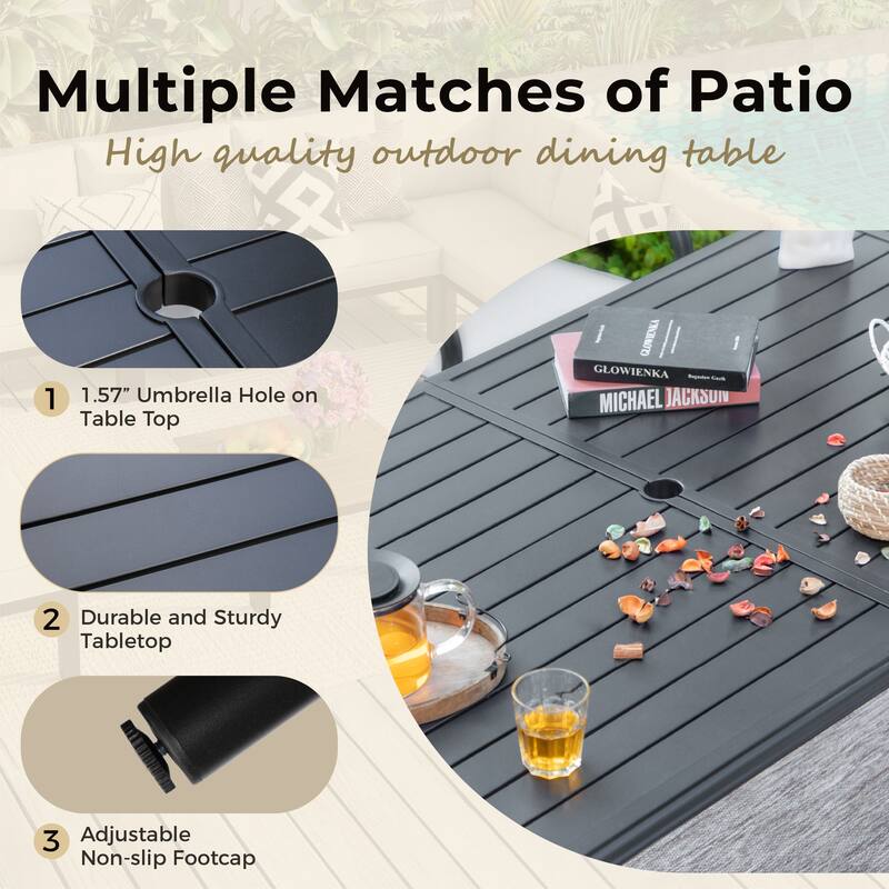 MAISON ARTS 7-Piece Outdoor Dining Set for 6, Metal Steel Dining Table with Umbrella Hole