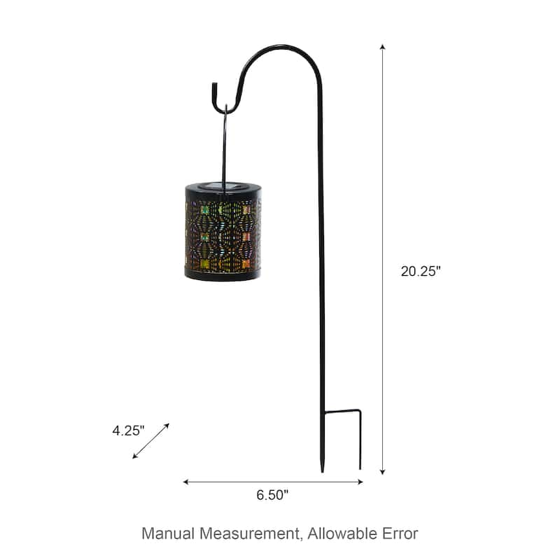 Glitzhome Set of 2 Metal Cutout Laser Outdoor Solar Lantern with Hanging LED Light Garden Stakes