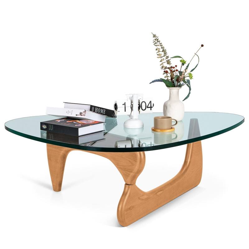 Modern Triangle Glass Coffee Table with Solid Wood Base