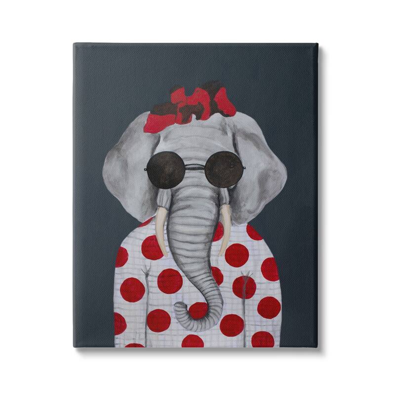 Stupell Fashionable Elephant Sunglasses Bow Polka Dot Pattern Portrait Canvas Wall Art - 24 x 30