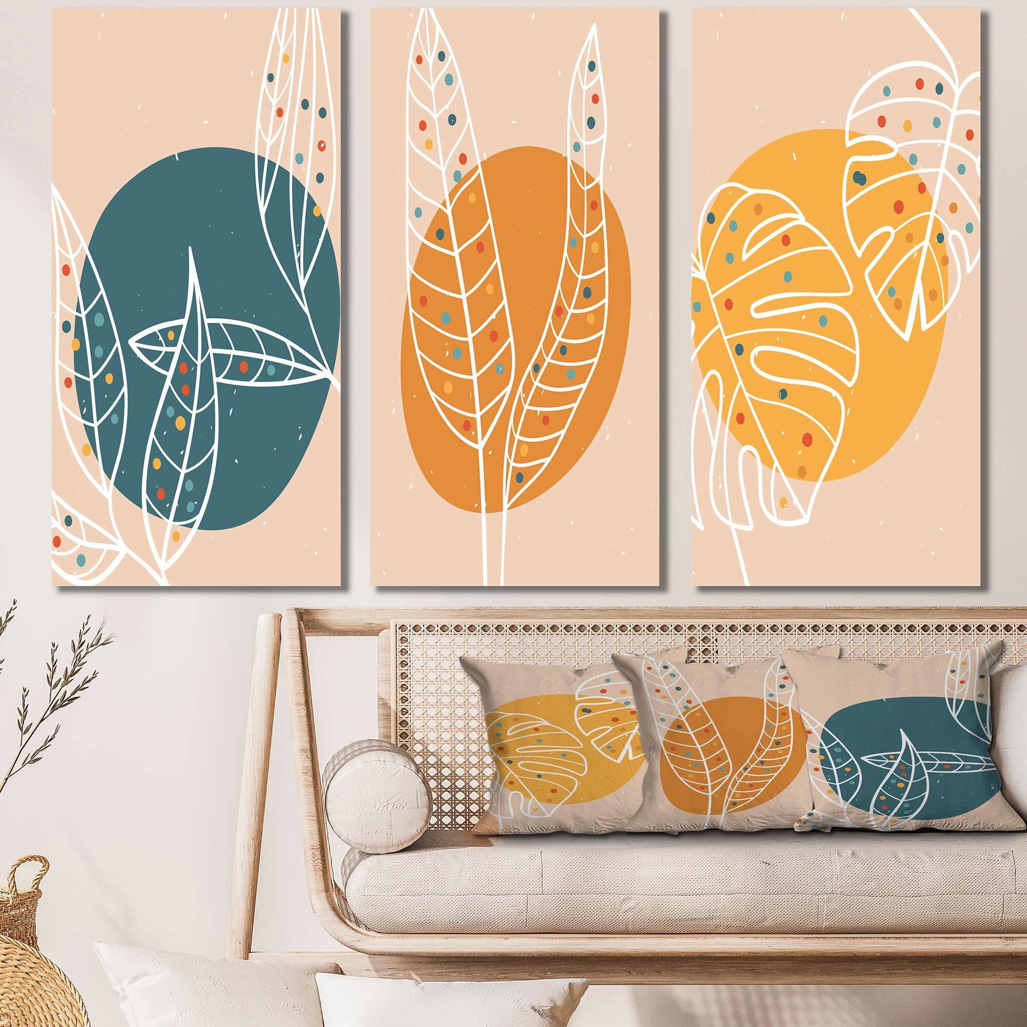 Designart White Botanical Silhouettes on Retro Colors I - Vibrant Floral Art Print for Modern Home Decor-image