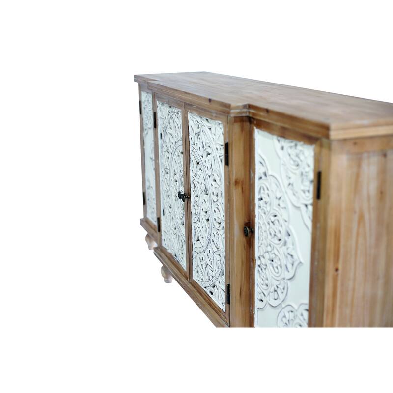 4-Door Hollow-Carved Accent Cabinet, Distressed Wood Storage Cabinet Cupboard with adjustable shelves,unique design,Natural wood