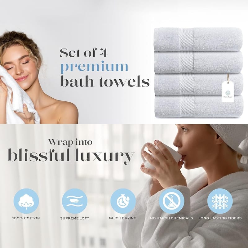 White Classic Luxury Cotton Bath Towel 27x54 - Set of 4
