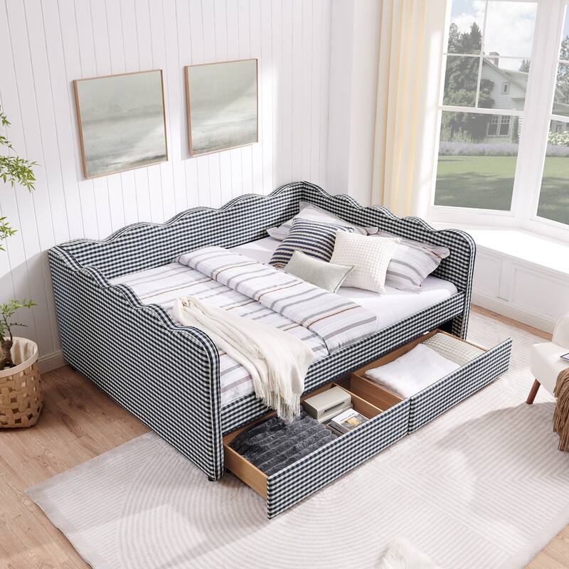 Full/Queen Gingham Daybed with 2 Storage Drawers, USB Port & Wave Shaped Linen Fabric - Blue - Queen