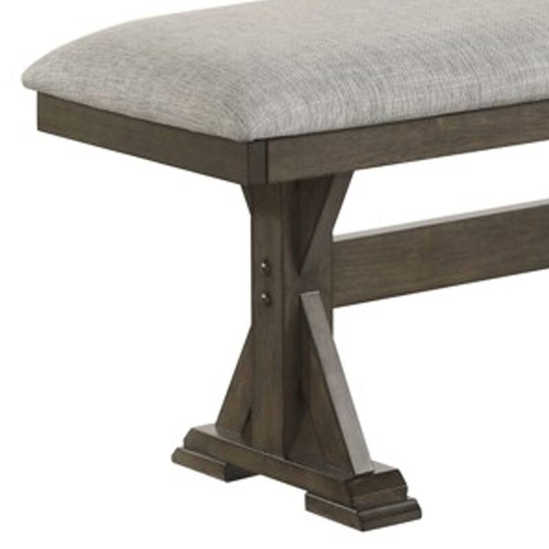 Omal Dining Bench, Brown Wood, 53 Inch Rectangular Gray Fabric Seat