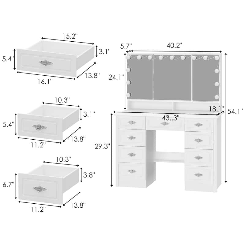 Contemporary Beauty Station - White Vanity Desk Makeup Vanity Dressing - 40.2"Wx54.1"H