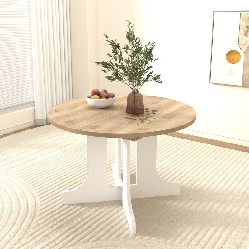 Elegant Farmhouse Round Dining Table with Adjustable Length and X-Base ​Be Used for Modern Dining Room