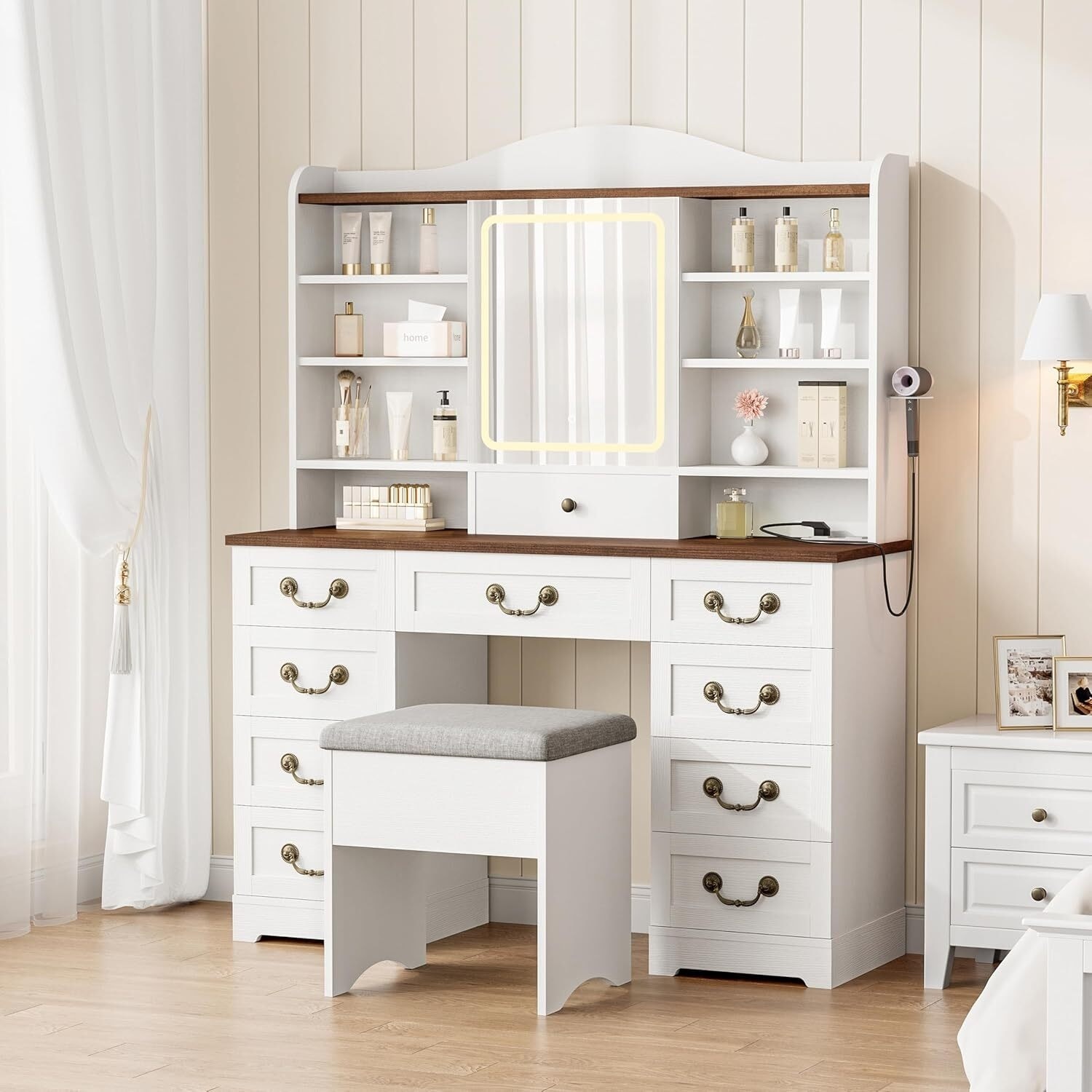 Bedroom Makeup Vanity Desk with Mirror and 10 Drawers, Vanity Table with Chair, Adjustable LED Light Makeup Desk