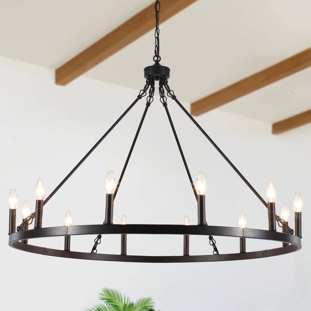 12-light Rustic Farmhouse Wagon Wheel Chandelier for Living Room - W37.99" x H90.55"