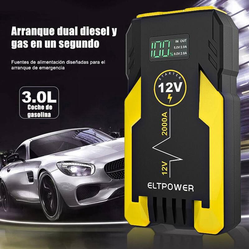 20000mAh Car Jump Starter, 2000A Peak for 9L Gas/7L Diesel, LED Light - Yellow