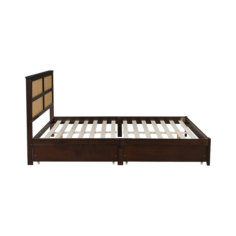 Queen Platform Bed with Rattan Headboard, 2 Drawers, Solid Rubber Wood Frame