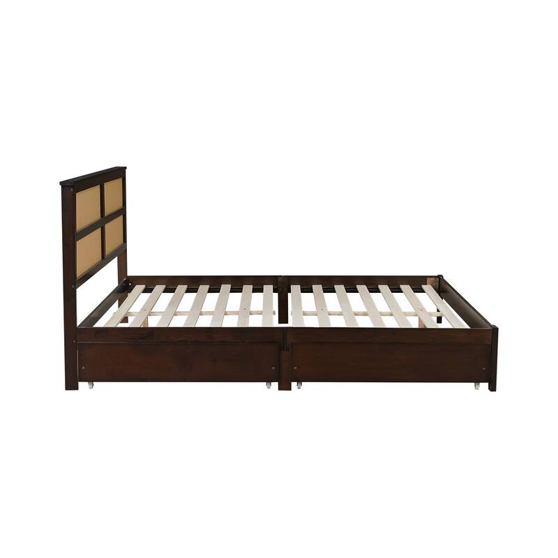 Wood Platform Bed Frame with Rattan Design Headboard/2 Under-Bed Storage Drawers/Reinforced Support Slats/No Box Spring Needed