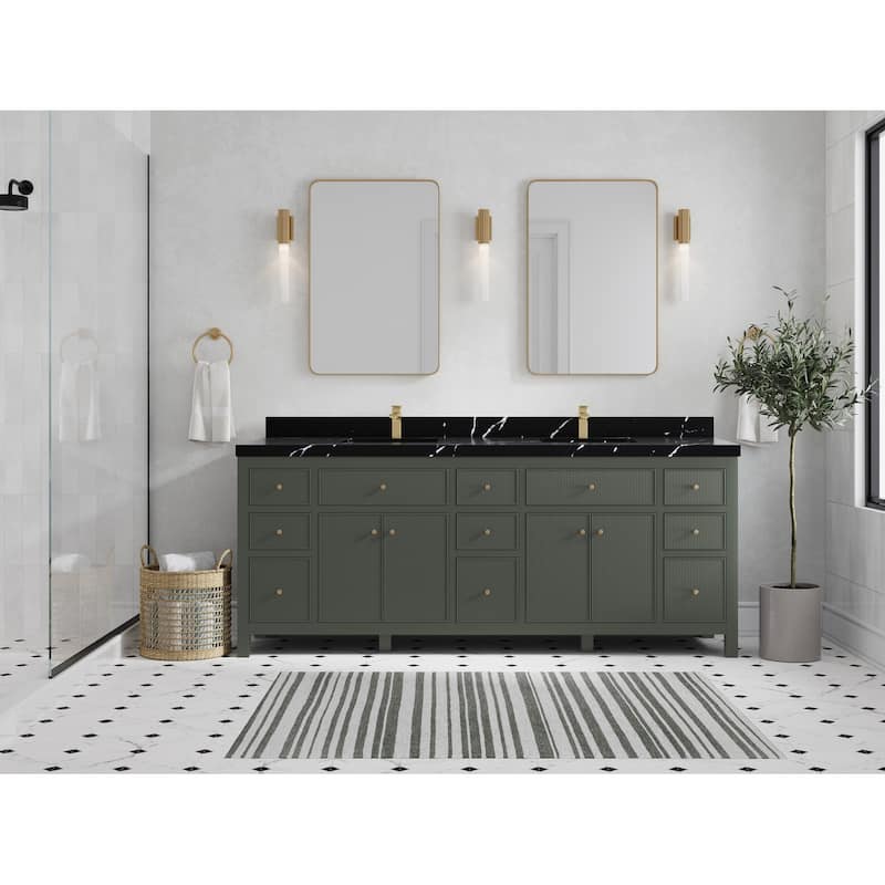 Willow Collections 84 in. W x 22 in. D Sonoma Free Standing Reeded Double Sink Bathroom Vanity with Countertop - 2" Calacatta Black - Pewter Green