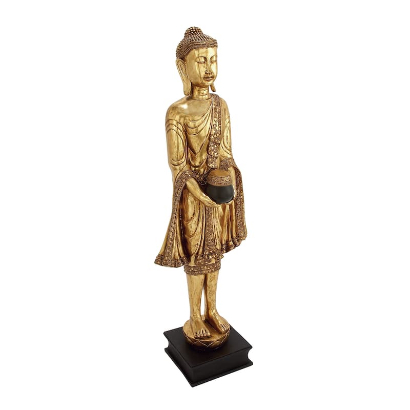Polystone Buddha Standing Floor Sculpture with Engraved Carvings and Relief Detailing - Gold - Roche River Decor