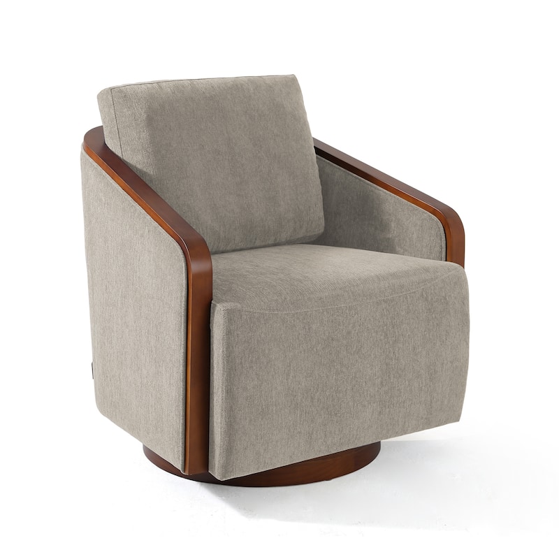 Upholstered Swivel Barrel Chair with Curved Wood Arms