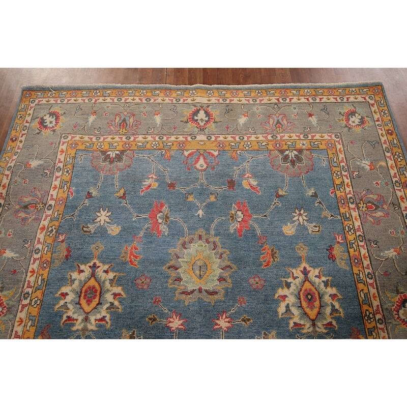 Blue Floral Oushak Oriental Area Rug Handmade Wool Carpet - 6'7" x 10'4"