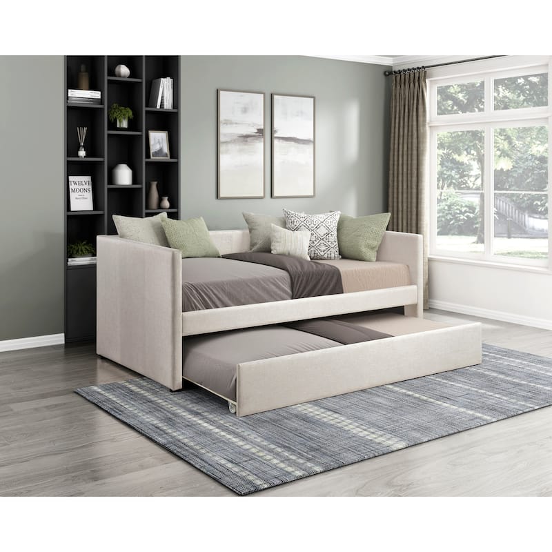 1pc Daybed with Trundle Beige Fabric Upholstery Wooden Frame - Beige
