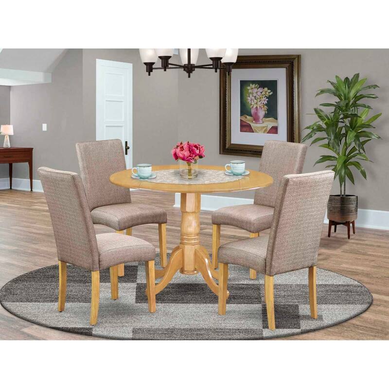 Round Kitchen Table Set 5pc - 42" Table w/ Drop Leaves & 4 Parsons Chairs - Linen Fabric Dark Khaki