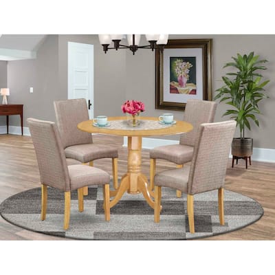 Round Kitchen Table Set 5pc - 42" Table w/ Drop Leaves & 4 Parsons Chairs - Linen Fabric Dark Khaki