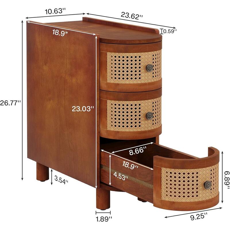 10.62" Narrow Rattan 3-Drawer Nightstand