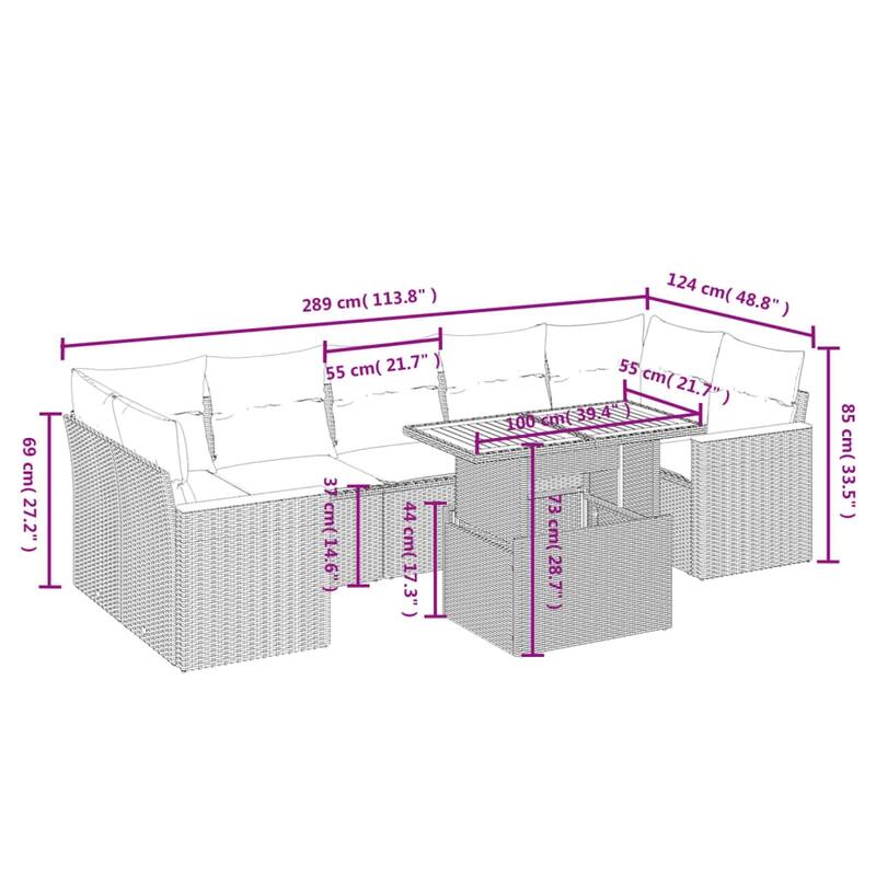 vidaXL Patio Sofa Set with Cushions Outdoor Furniture 8 Piece Poly Rattan - 24.4 x 24.4 x 27.2