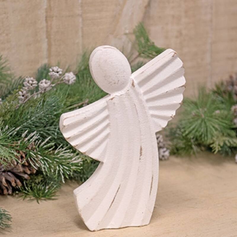 Distressed White Wood Distressed Angel Sitter Figurine for Rustic Holiday Decor - 6.75” L X 0.75” W x 9.75” H
