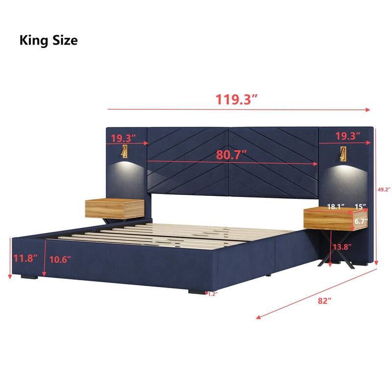 King Size Velvet Bed Frame with Tufted Wingback Headboard, LED Lights, and Easy Assembly