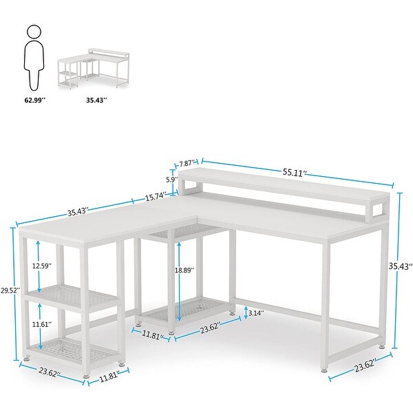 59x55 inch Large Reversible L-Shaped Desk with Monitor Stand and Shelf