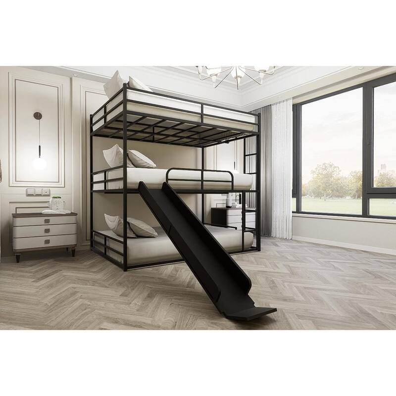 Full Size Metal Loft Bed with Slide, Ladder, and Side Shelf