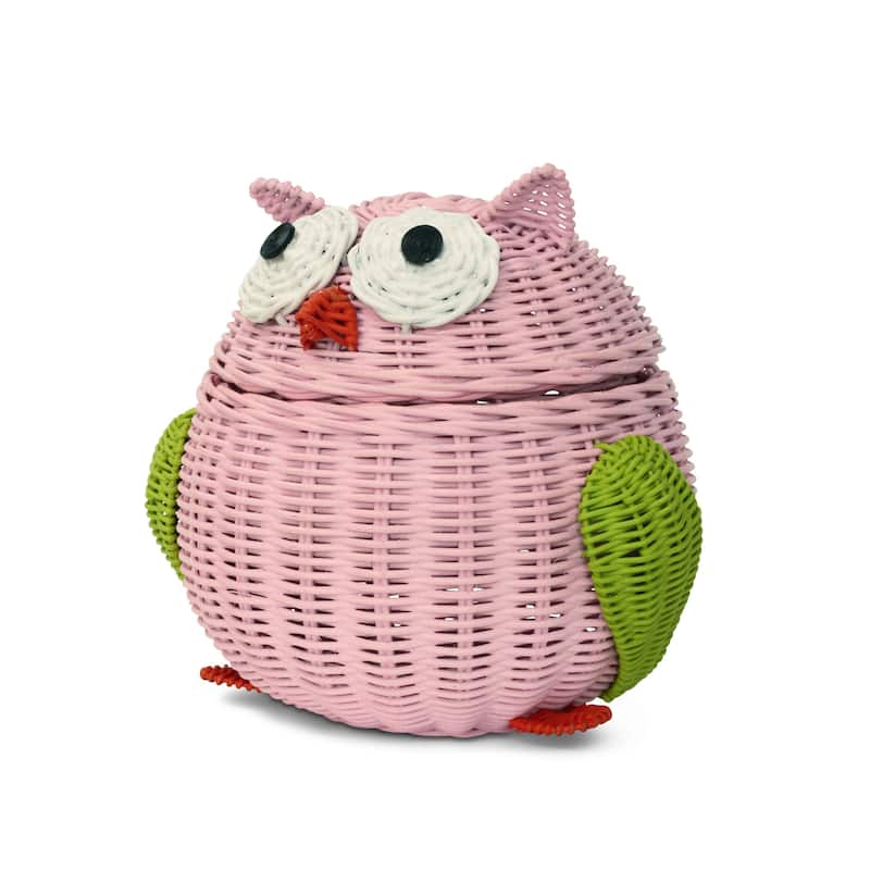 Pink Owl Rattan Storage Basket with Lid Decorative Home Decor Hand Woven Shelf Organizer Cute Handmade Handcrafted Gift Art