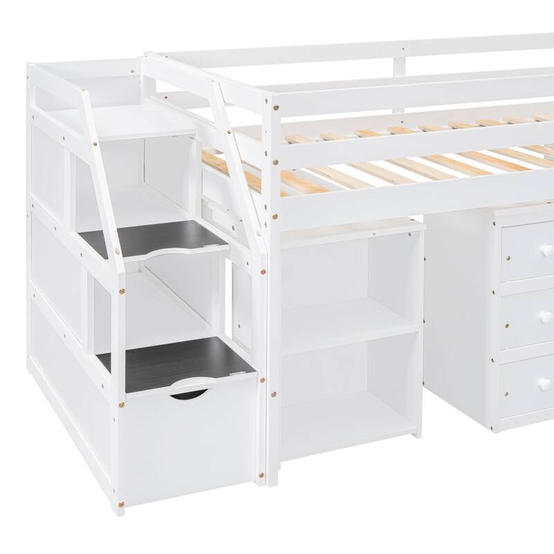 Pine Wood Low Loft Bed with Storage Stairs, Shelves, Retractable Writing Desk, 3 Drawers, Wooden Lofbed Frame for Kids Bedroom