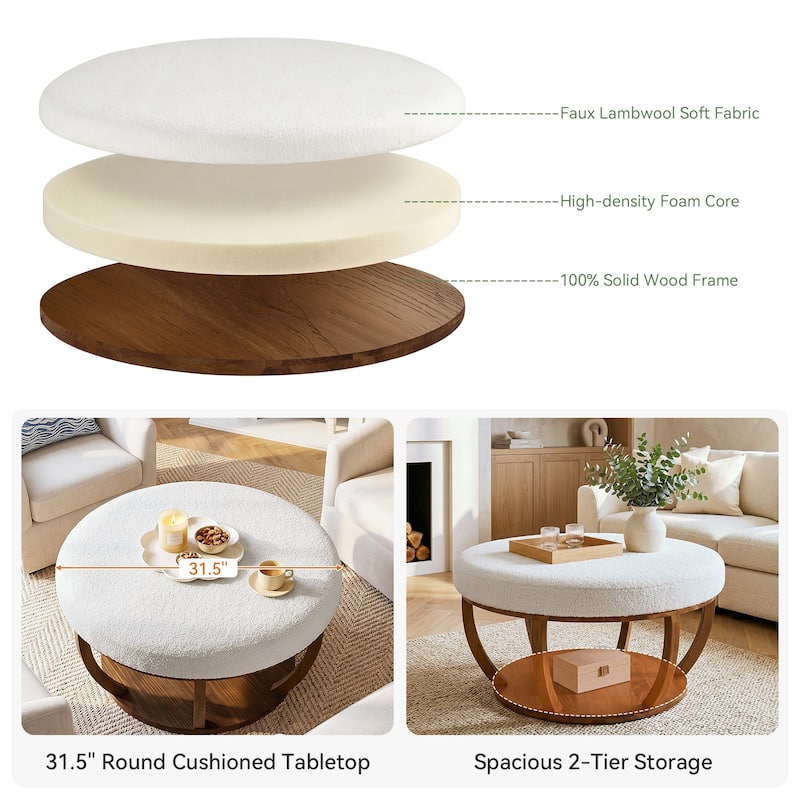 2-Tier Round Ottoman Coffee Table with Solid Wood Frame for Living Room - 31.5" L x 31.5" W x 18.1" H