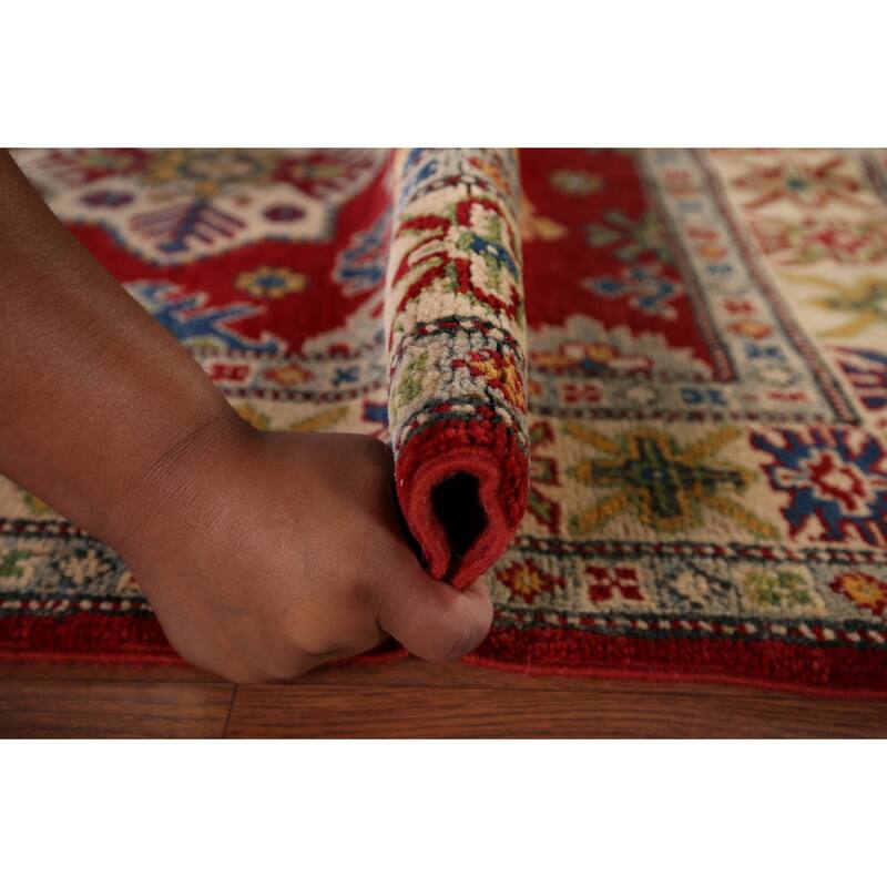 Red Traditional Geometric Kazak Accent Rug Hand-Knotted Wool Carpet - 3'1" x 5'0"