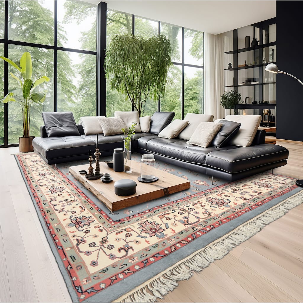 7'10''x10 Hand Knotted Wool Baby Blue Kashaan Traditional Botanical Area Rug - 7' 10'' x 10'