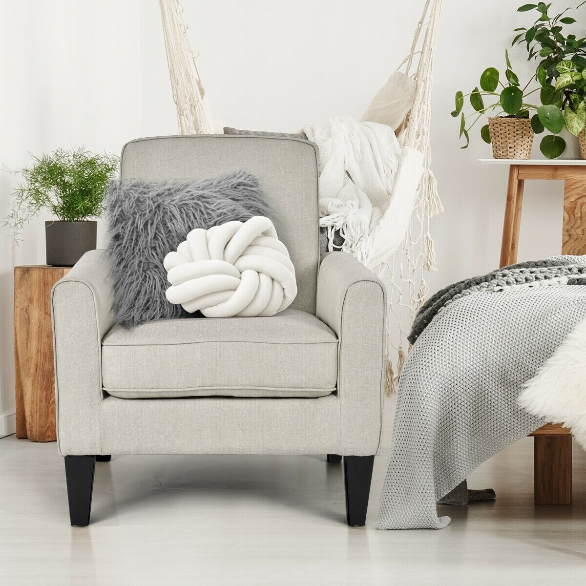 Costway Modern Accent Arm Chair Single Sofa Linen Wooden Leisure Living Room Furniture Overstock 16004211