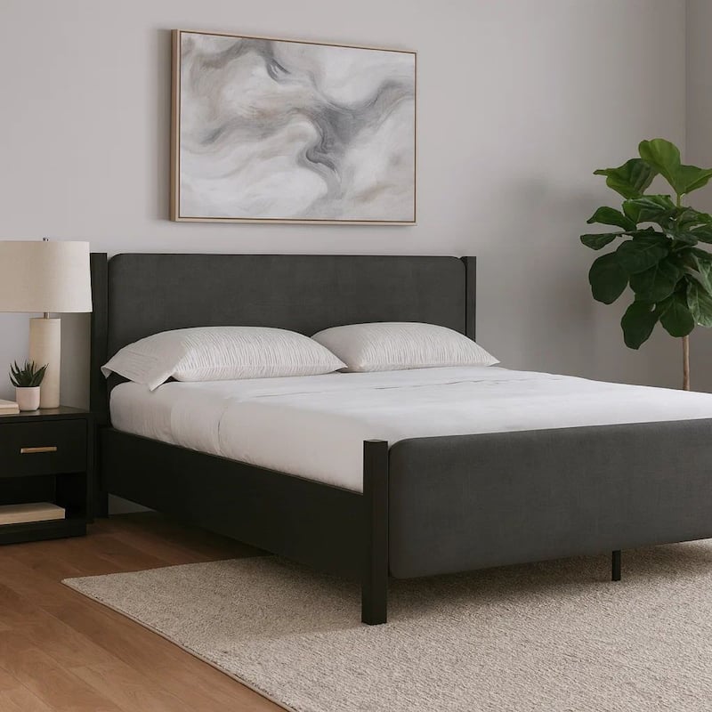 Cave King Bed Velvet Upholstery Square Posts Gray Mahogany Mahogany Wood