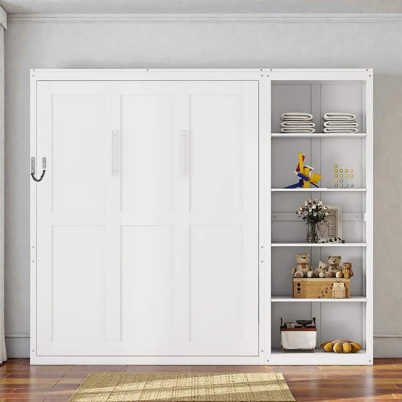 Queen Size Murphy Bed Wall Bed with Storage Shelves, Space-Saving Fold Down Bed Cabinet, MDF and Plywood Frame - White - Queen