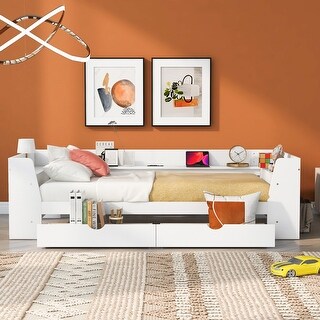 White Twin Size Pine All-in-One Platform Daybed w/ Shelves, Built-In Charging Station Upholstered Bed Frame for Living Room
