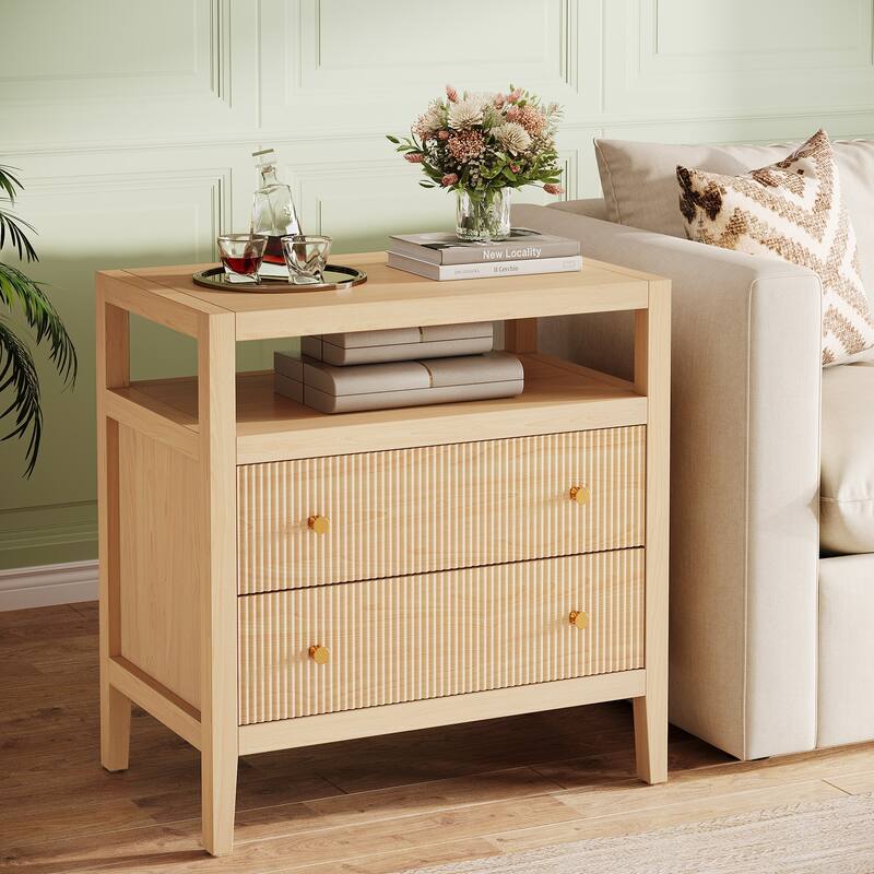 2-Drawer Farmhouse Nightstand, Nightstand with Open Storage Shelf