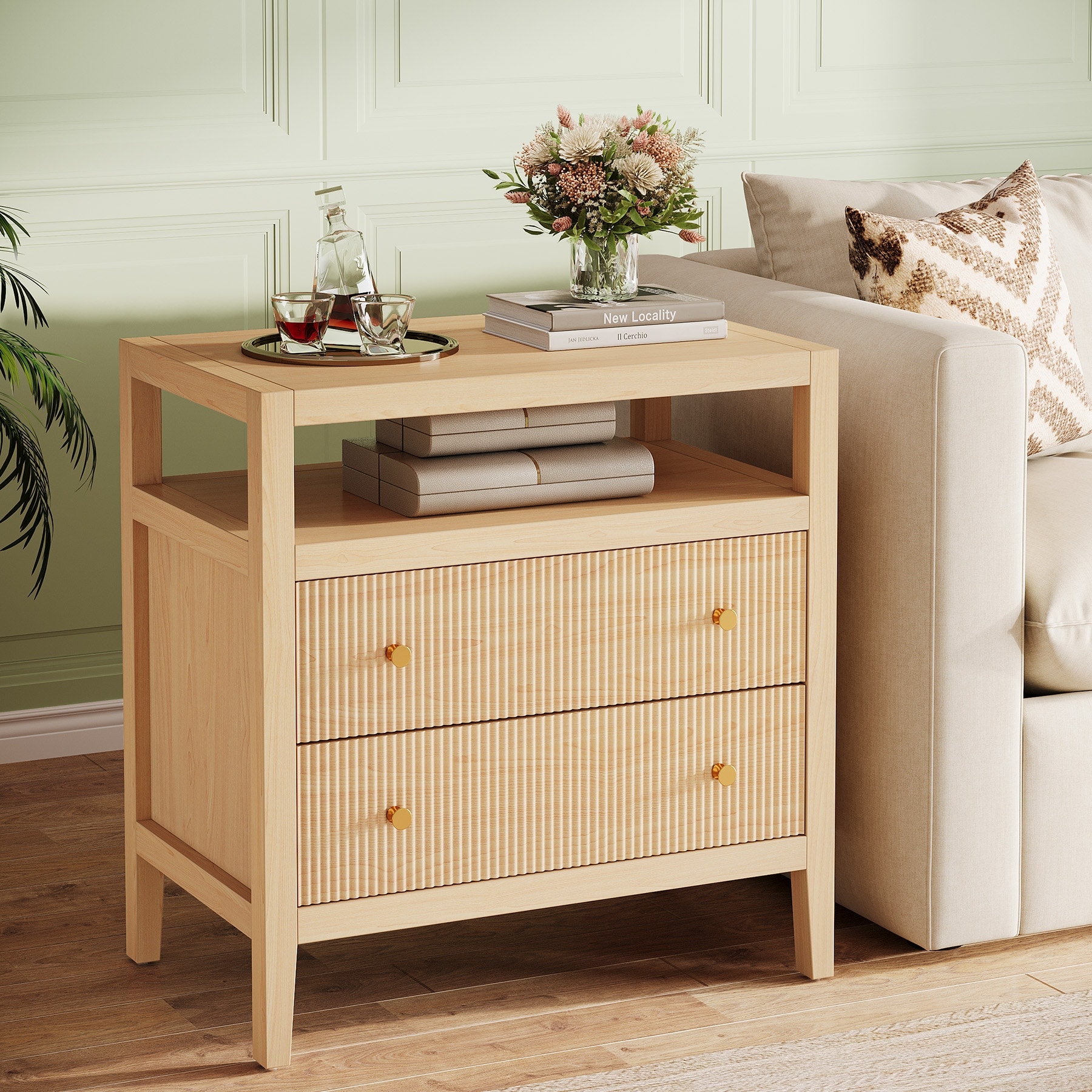 Nightstand with Drawer, Bedside Table with Open Storage Shelf, Living Room Bedroom Accent Side Table