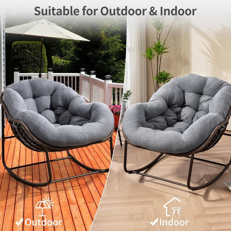 Outdoor Rattan Rocker Recliner Chair With Polyester Padded Cushion
