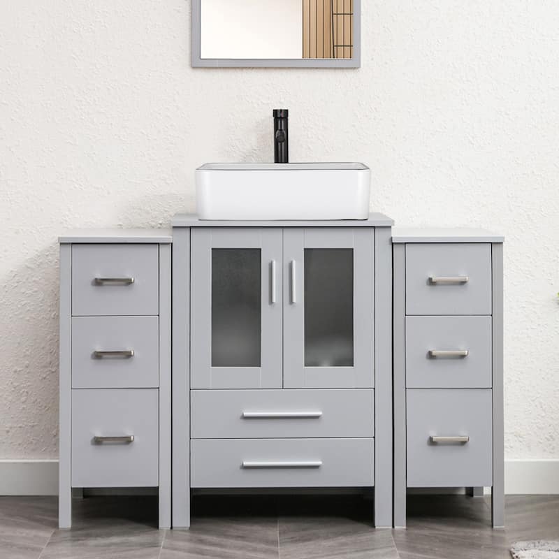 48" Bathroom Vanity Set Vessel Sink Faucet W/ Small Cabinet Combo - black line ceramic sink - Grey