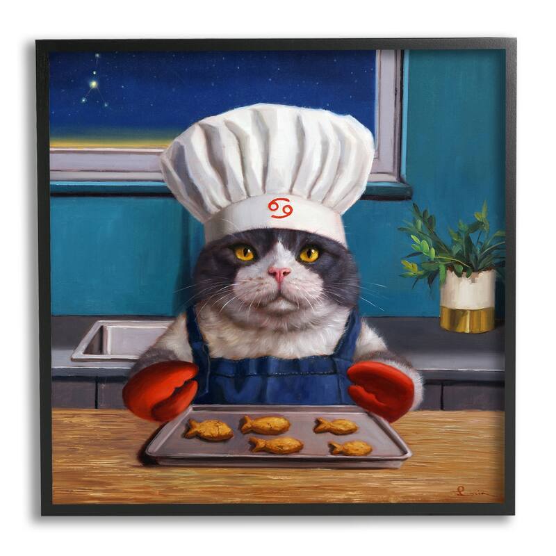 Stupell Fresh Baked Fish Cookies Cat Chef Astrological Symbol Framed Wall Art, Design by Lucia Heffernan - 12 x 12 - Black